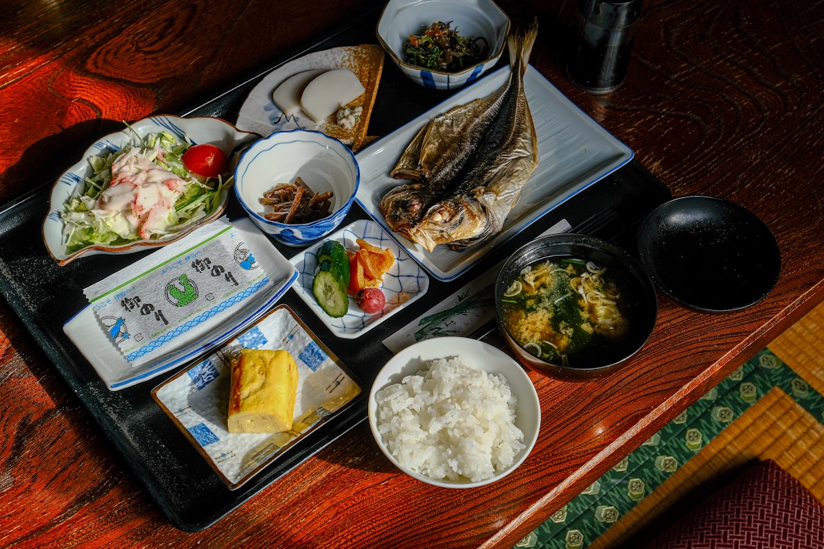 A tray of food on a wooden table