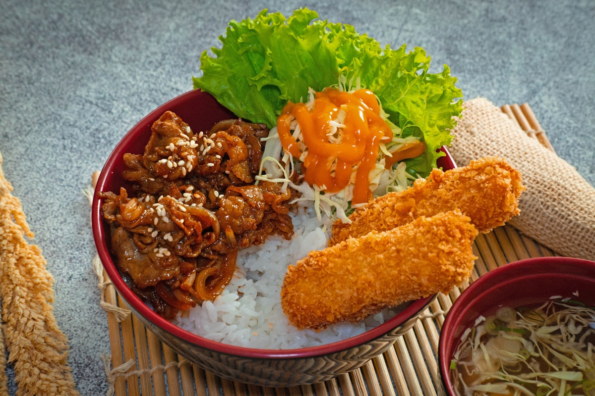 A close up of a bowl of food on a table